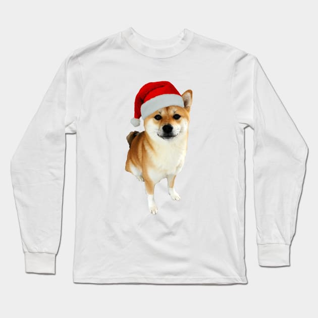 Lilly the Shiba Inu Sitting Down Christmas with Santa Hat Long Sleeve T-Shirt by shibalilly